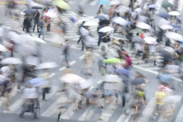 Folkmassa Gatan Med Paraplyer Regnig Dag — Stockfoto