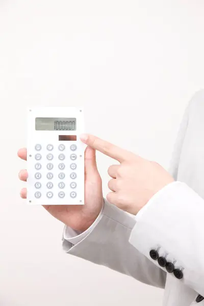 Uomo Affari Con Calcolatrice Sfondo Bianco — Foto Stock
