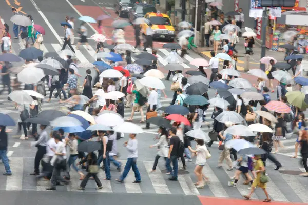 Yağmurlu Bir Günde Sokakta Şemsiyeli Bir Kalabalık — Stok fotoğraf
