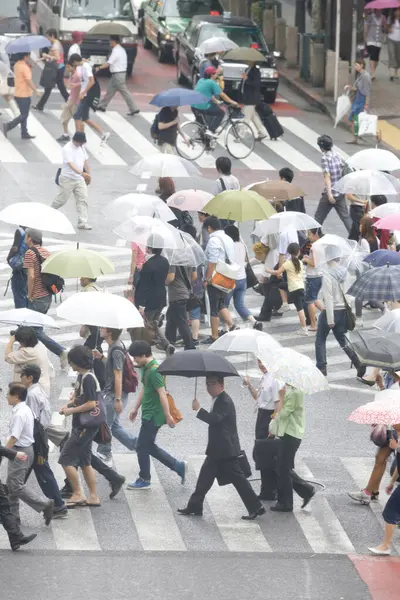 雨の日に傘を持った通りの人々の群衆 — ストック写真