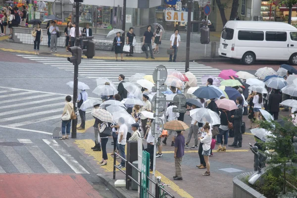 Menigte Van Mensen Straat Met Paraplu Regenachtige Dag — Stockfoto