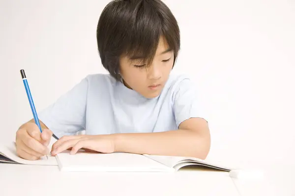 Asian Boy Studying White Background Stock Photo
