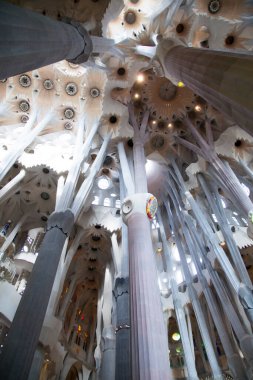 Barcelona, İspanya 'daki Sagrada Familia' nın içerisindeki ayrıntılı çekim tavanı