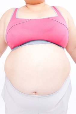 Beyaz arka planda şişman göbekli bir kadın, kesilmiş bir fotoğraf. 