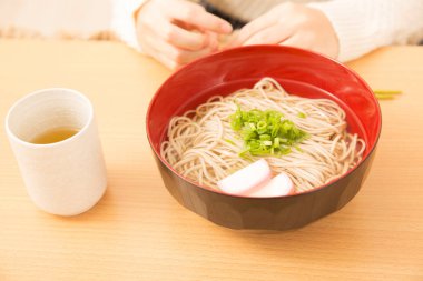 Bir kase yeşil soğanlı soba eriştesi.