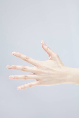 Beyaz arka planda el hareketi yapan kadınların yakın çekimi. 