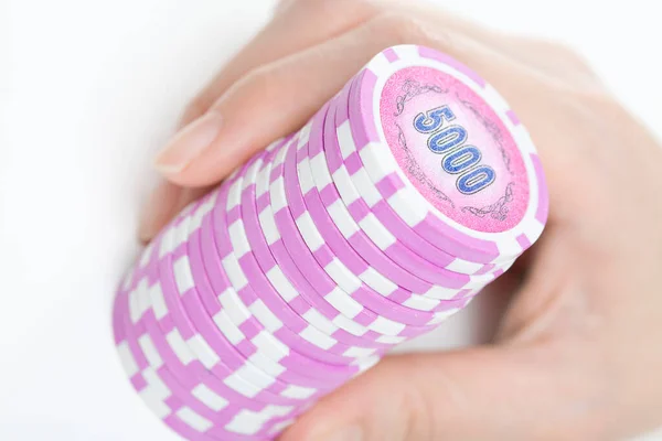 Female Hand Stack Casino Chips Close View — Stock Photo, Image