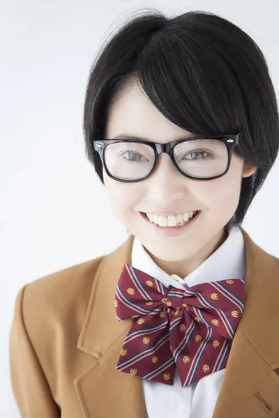Close Portrait Smiling Asian Schoolgirl Eyeglasses — Stock Photo, Image