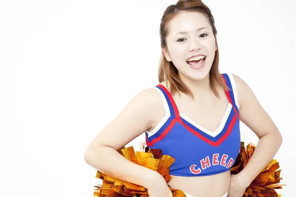 Beleza Cheerleader Japonês Dançando Estúdio Closeup Retrato Beleza Jovem Mulher — Fotografia de Stock