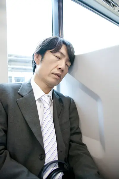 Asian Businessman Sleeping Train — Stock Photo, Image