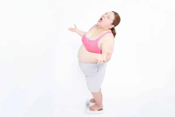 Retrato Uma Mulher Japonesa Luta Com Excesso Peso Conceito Obesidade — Fotografia de Stock