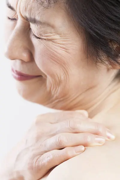 Portrait Asian Senior Woman Bare Shoulders — Stock Photo, Image