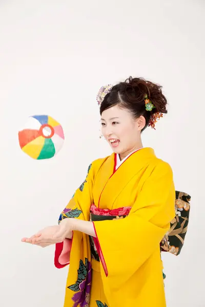 Young Woman Traditional Kimono Ball Isolated Background — Stock Photo, Image