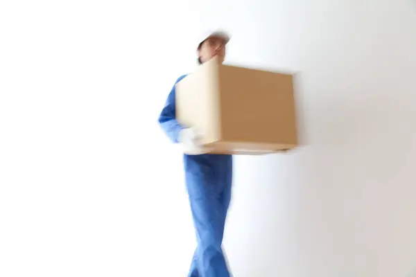 Joven Japonés Repartidor Hombre Con Caja Cartón — Foto de Stock