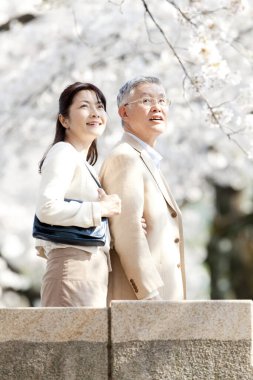 Yaşlı Japon çift parkta yürüyor.