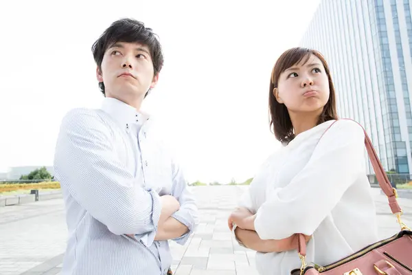 Portrait Asian Young Offended Couple Outdoors — Stock Photo, Image