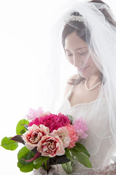Bela Jovem Asiático Noiva Branco Vestido Noiva — Fotografia de Stock