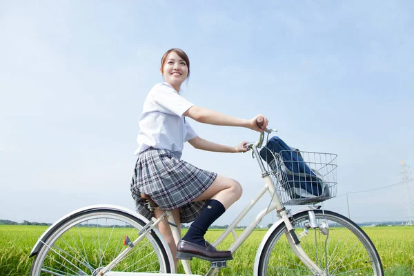 Smiling Asian Schoolgirl Riding Bicycle Countryside — Stock Photo, Image