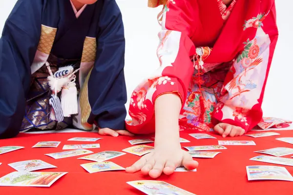 Children Traditional Clothes Sitting Floor Playing Cards — Stock Photo, Image
