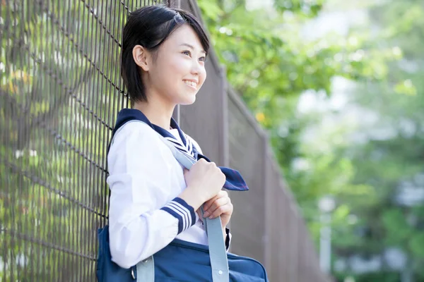 Smiling Japanese Female School Student Uniform Posing Street — Stock Photo, Image