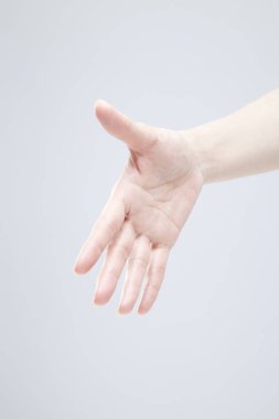 Beyaz arka planda el hareketi yapan kadınların yakın çekimi. 