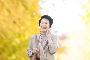 Sonbaharda parktaki kıdemli Japon kadının portresi