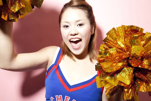 Beauty Japanese Cheerleader Dancing Studio Closeup Portrait Beauty Young Woman — Stock Photo, Image