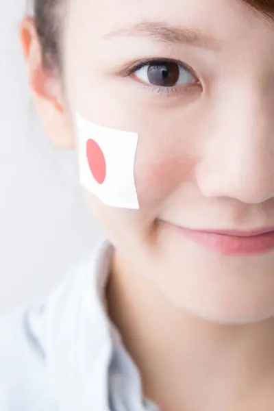 Smiling Japanese Woman Flag Japan Cheek — Stock Photo, Image