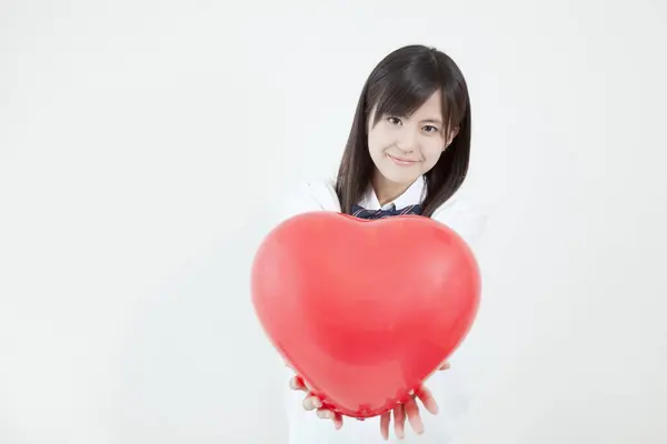 Joven Asiático Mujer Amor Con Rojo Corazón — Foto de Stock