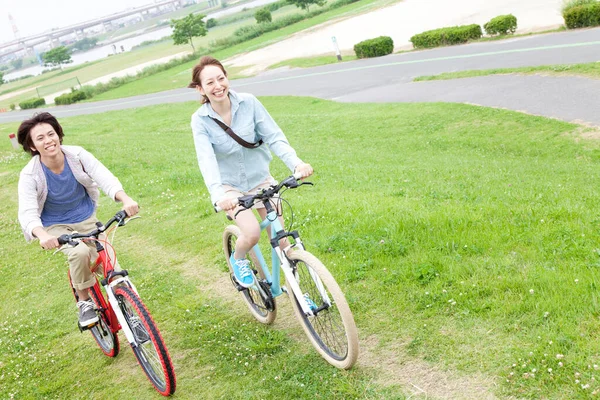 Pareja Joven Montando Bicicletas Parque Verano Concepto Estilo Vida Saludable — Foto de Stock