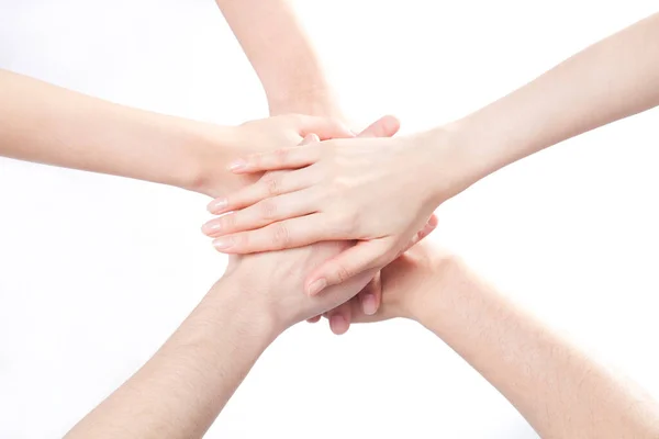 Närbild Människor Som Håller Händerna Tillsammans Vit Bakgrund — Stockfoto