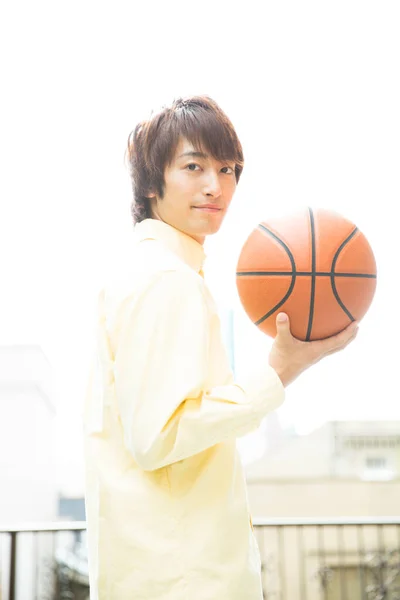 Portrait Asian Man Basketball Ball — Stock Photo, Image