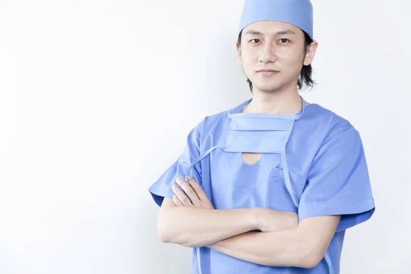 Portrait Asian Man Doctor Surgical Mask Uniform White Background — Stock Photo, Image