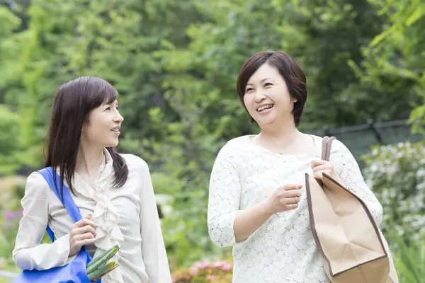 Sorridente Japonês Mulheres Falando Verão Parque — Fotografia de Stock