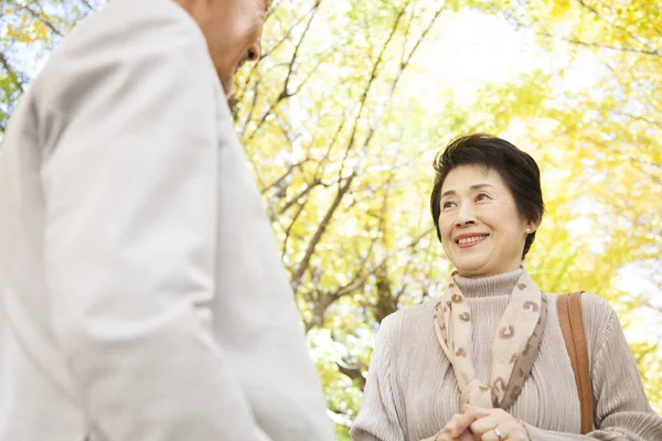 Senior Asiático Hombre Mujer Sonriendo Parque —  Fotos de Stock