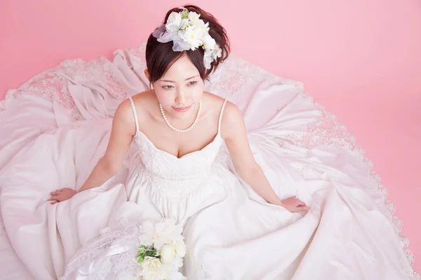 Ritratto Giovane Giapponese Bella Donna Sposa Abito Bianco — Foto Stock