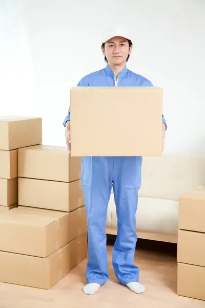 Young Japanese Delivery Man Cardboard Boxes — Stock Photo, Image