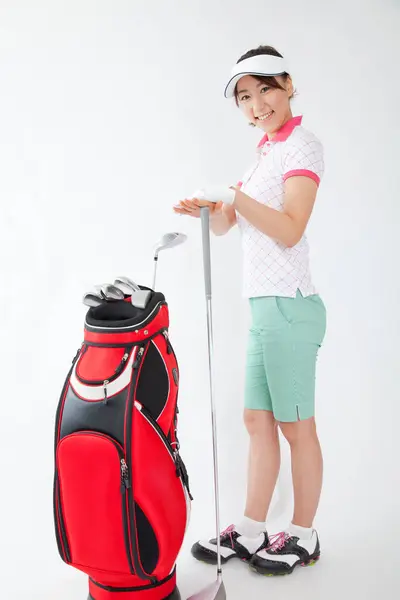 Young Japanese Woman Golfer Red Bag — Stock Photo, Image