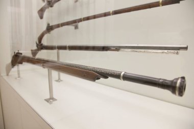 Müze vitrininde camların arkasında antika tüfekler sergileniyor.