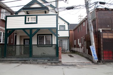 Farklı mimari tarzlara ve renklere sahip iki ev.