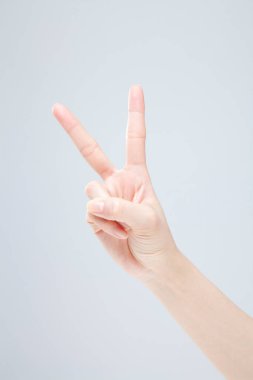 Beyaz arka planda el hareketi yapan kadınların yakın çekimi. 