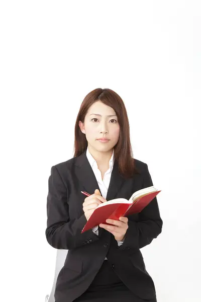 Ritratto Studentessa Asiatica Con Blocco Note Isolata Sfondo Bianco — Foto Stock