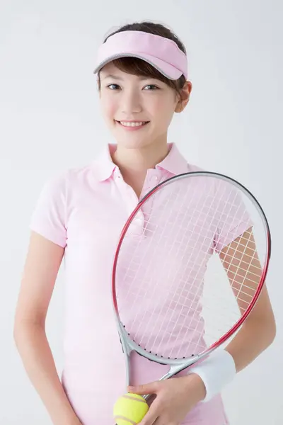 Jovem Mulher Japonesa Com Raquete Tênis Bola — Fotografia de Stock