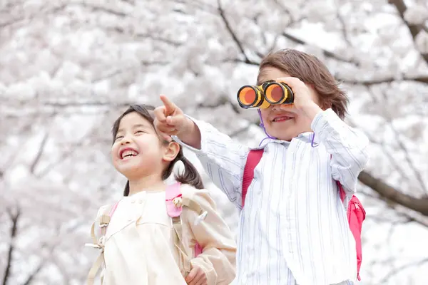 Azji Mała Dziewczynka Chłopiec Zabawy Wiosennym Parku — Zdjęcie stockowe