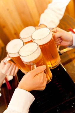 Bira bardaklarını tutan bir grup insan.