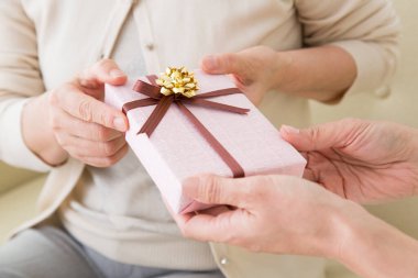 Kadın evde başka bir kadına hediye veriyor.