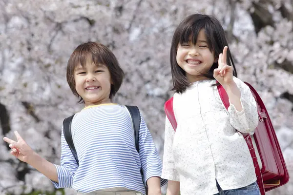 Cute Japanese Girl Boy Spring Park Concept Education — Stock Photo, Image