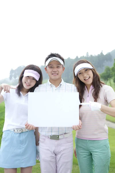 Jeunes Étudiants Asiatiques Souriants Avec Carte Dans Club Golf — Photo