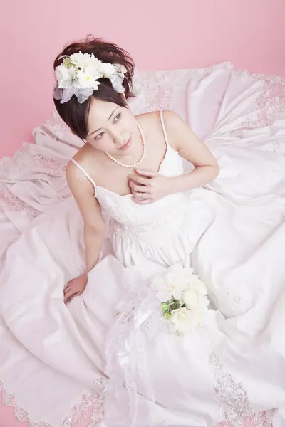 Portret Van Jong Japans Mooi Vrouw Bruid Wit Jurk — Stockfoto
