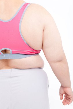 Beyaz arka planda şişman bir kadın. 